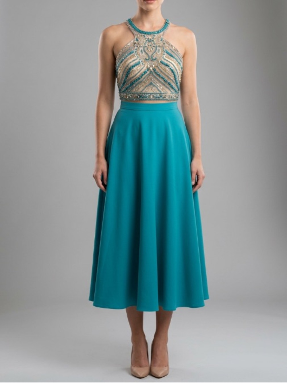 Embellished Teal and Nude Beaded Top Sz 4 Women